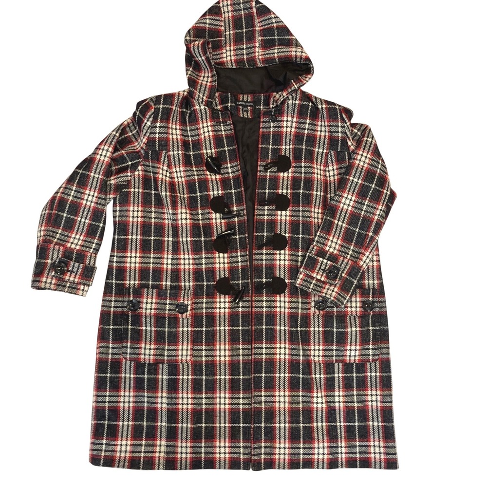Capsule Red Black Plaid Hooded Duffle Coat Toggle Closure TK984 Womens Medium